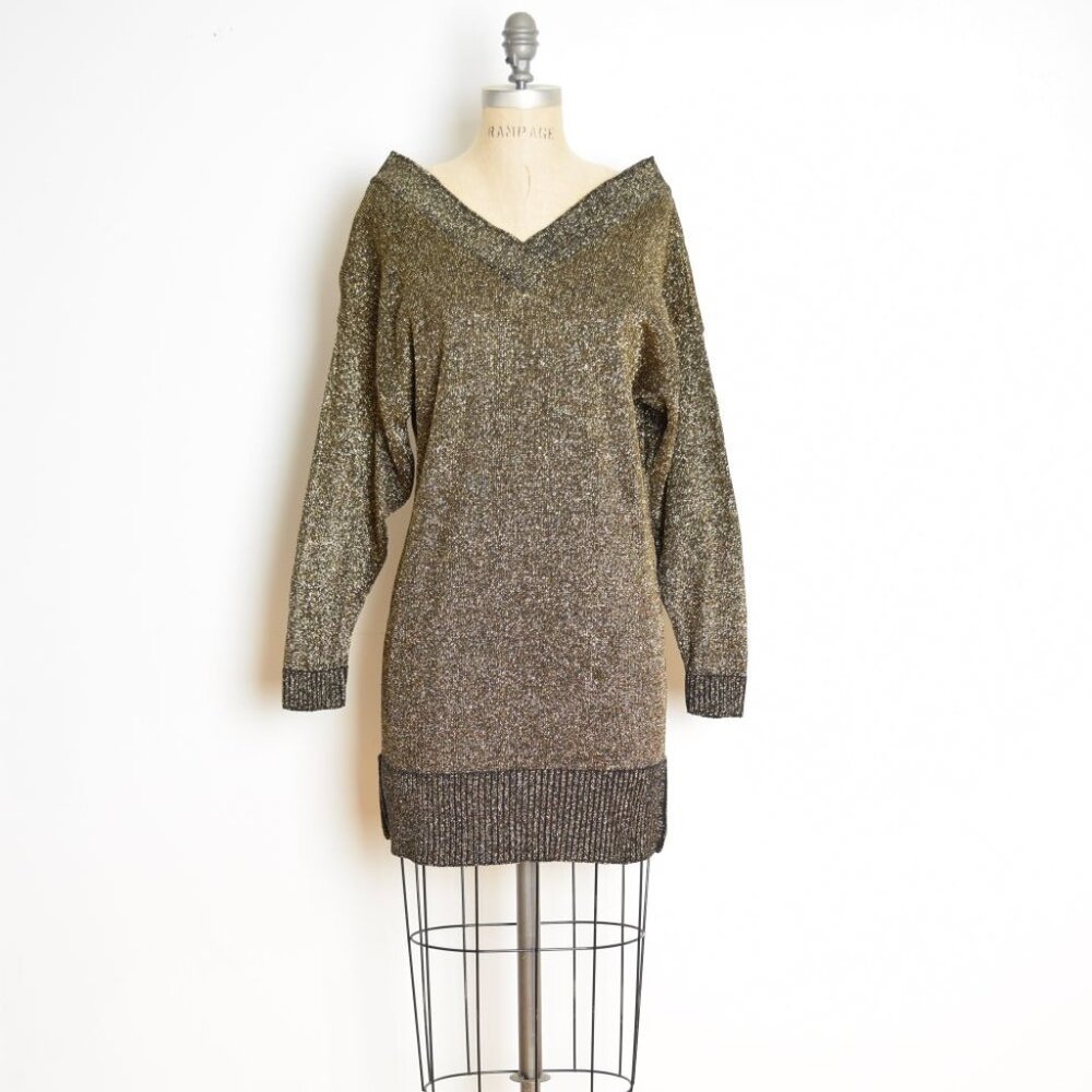 vintage 90s sweater dress black metallic gold sparkly off shoulder long sleeve M